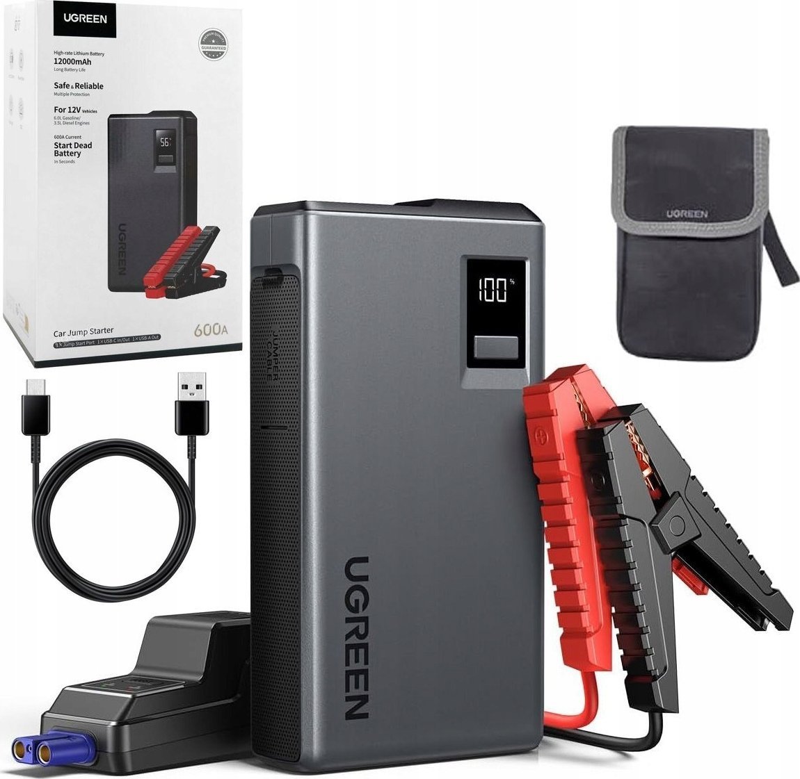Urządzenie rozruchowe / Jump starter UGREEN ES702 12000mAh 1000A LED USB-A, USB-C