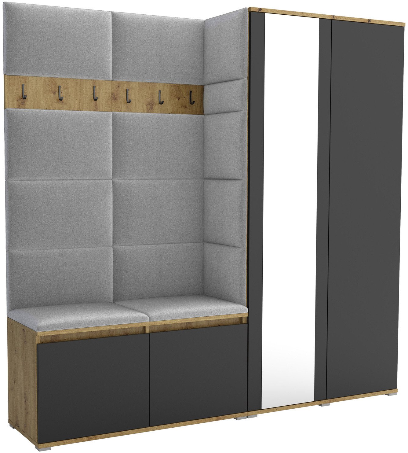 Tapicerowana garderoba Noris IV z lustrem - kolor artisan z czarnym frontem + tkanina Trinity 32