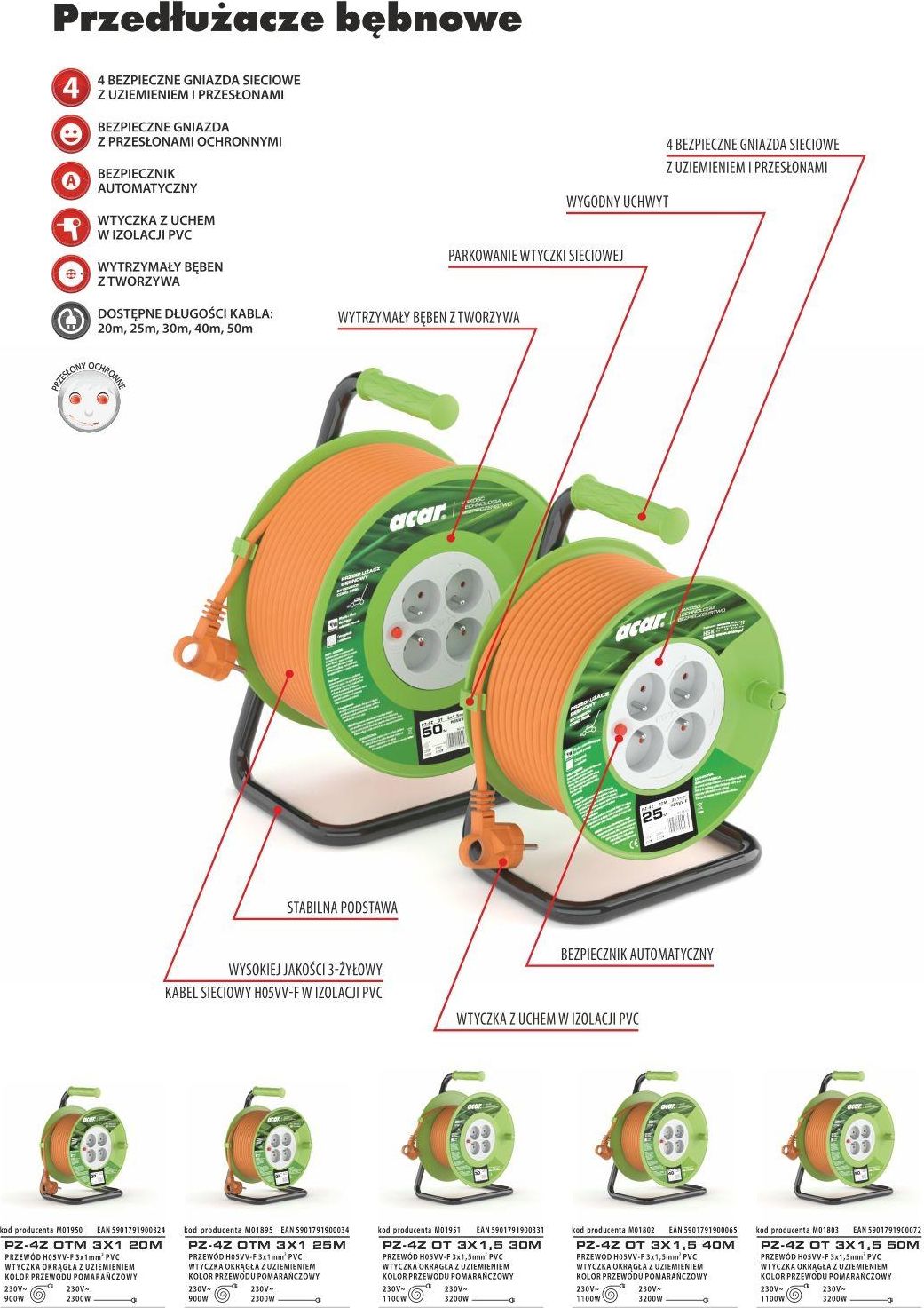 Acar Przedłużacz bębnowy M01895 25m pomarańczowy