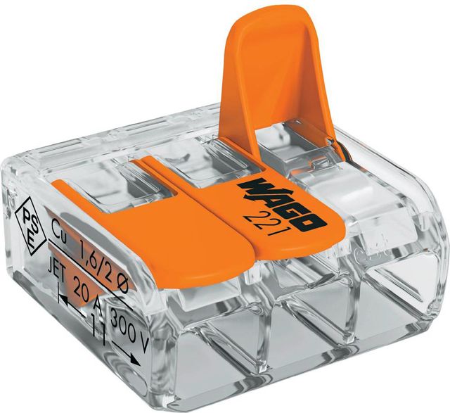 Wago Złączka uniwersalna 3x4mm2 przezroczysto pomarańczowa z dźwigniami (221-413)