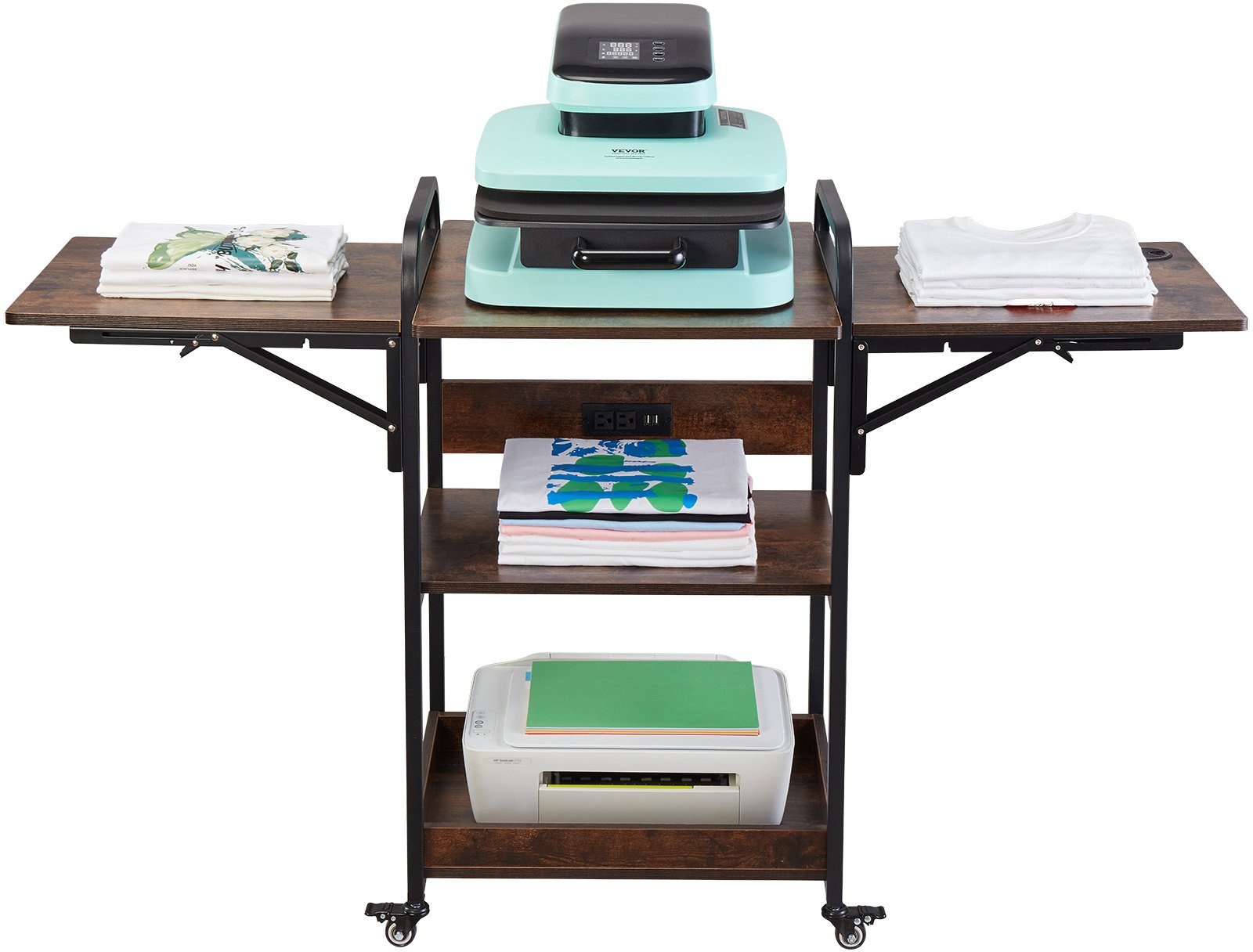 Stół do prasy termicznej 3-poziomowy mobilny stojak - z ładowarką brązowy