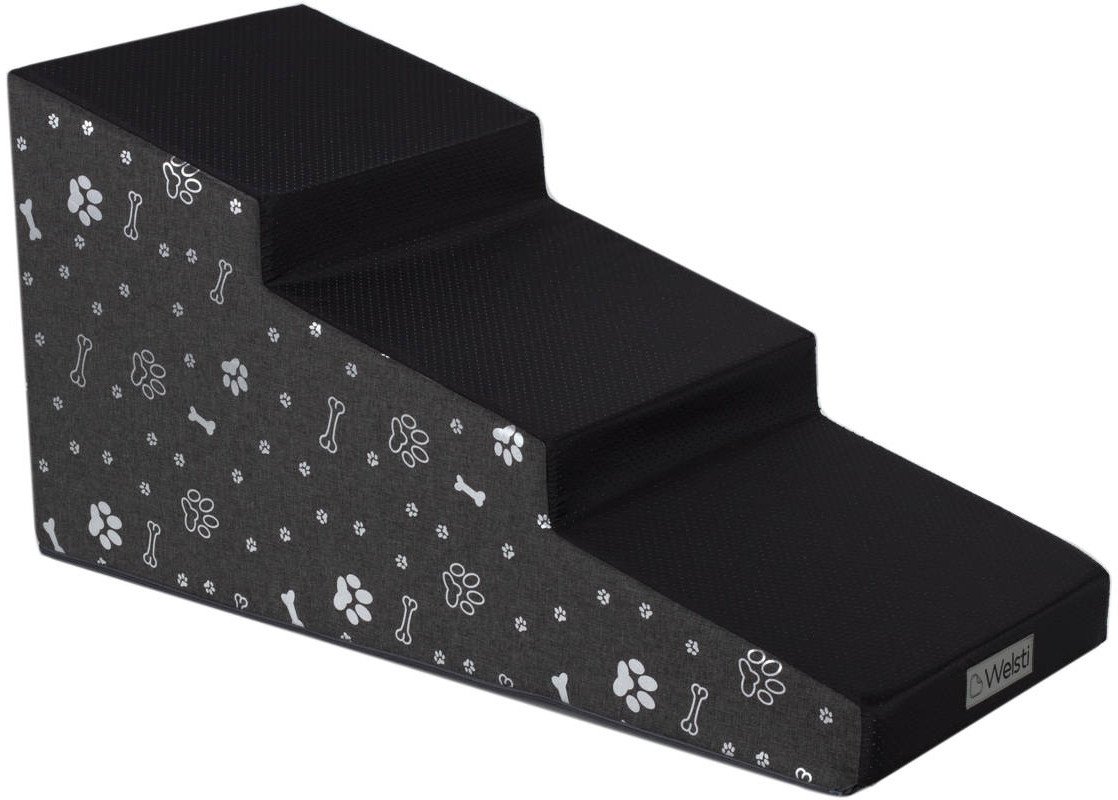 Schody dla psa Welsti 40cm 3 pochylne stopnie ciemny szary ze srebrnym nadrukiem wejście z czarnej tkaniny antypoślizgowej