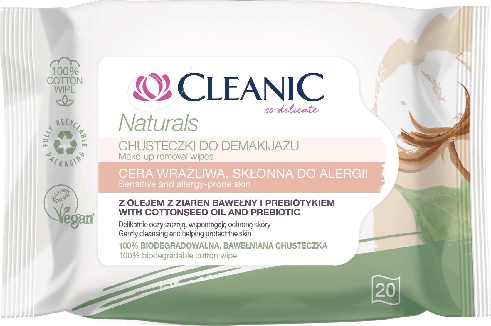 Osram Cleanic Naturals Chusteczki do demakijażu, cera wrażliwa, 20 sztuk