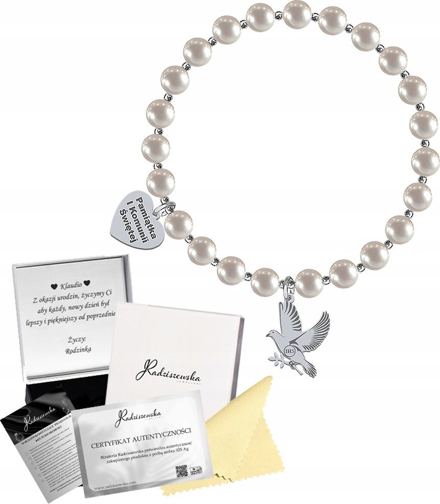 Radziszewska Jewellery BRANSOLETKA SREBRNA Z PEREŁ GOŁĄB SERCE Z GRAWEREM PREZENT 925 ŻYCZENIA