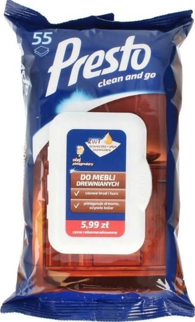 Presto 2w1 Ściereczka + Płyn czyszczący do mebli drewnianych 55szt.