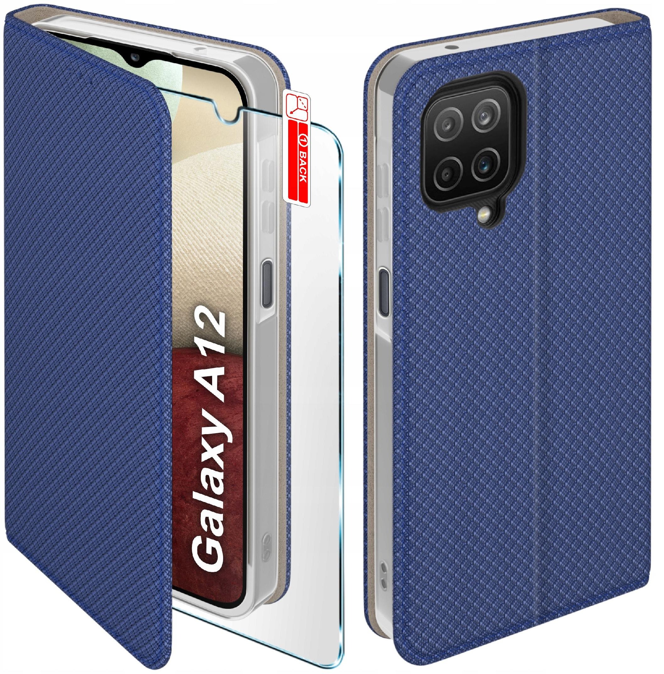 Etui z klapką do Samsung A12 | M12 Zamykane Granatowe Futerał + Szkło 9H