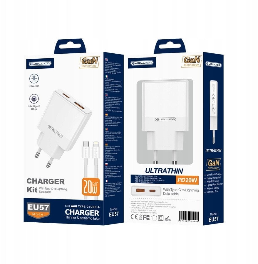JELLICO ładowarka sieciowa EU57 PD 20W 1xUSB-C + 1xUSB QC3.0 + kabel USB-C - Lightning Biały