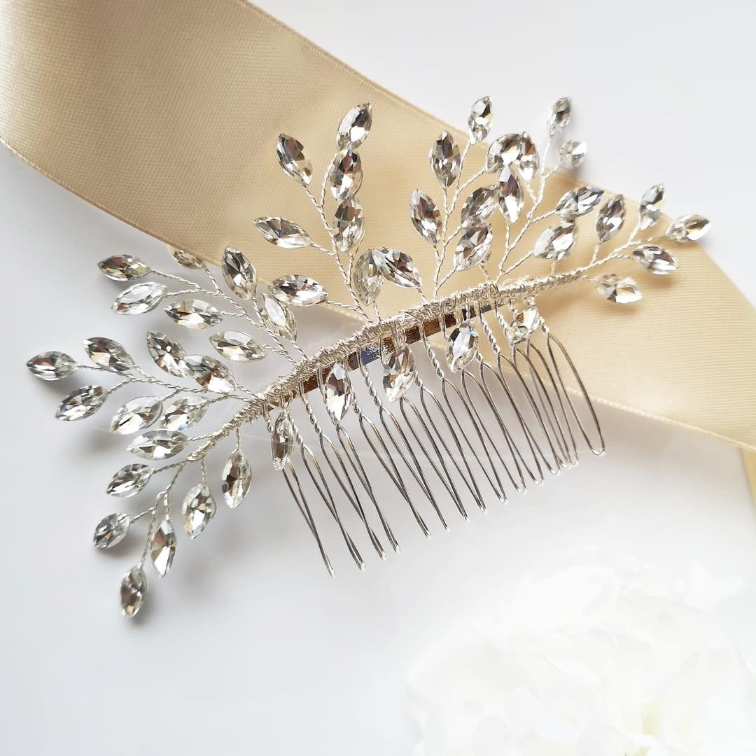 KOKONET Grzebyk kryształki srebrny ślubna ozdoba PIĘKNA