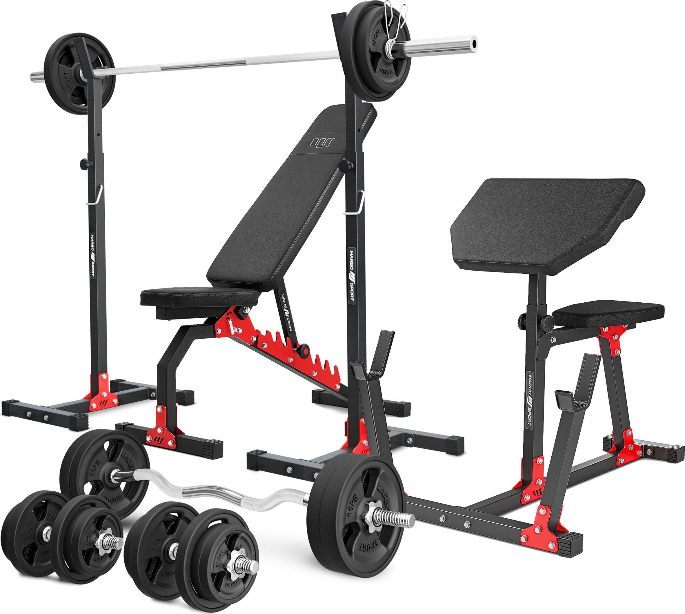 Zestaw MH9_151KG_KIER_G | Ławka dwustronna + stojaki regulowane + ławka scotta + zestaw gryfów i obciążeń gumowanych - Marbo Sport