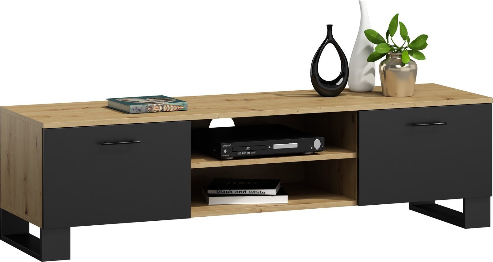 Elior Nowoczesna szafka RTV pod telewizor dąb artisan + czarny - Marus