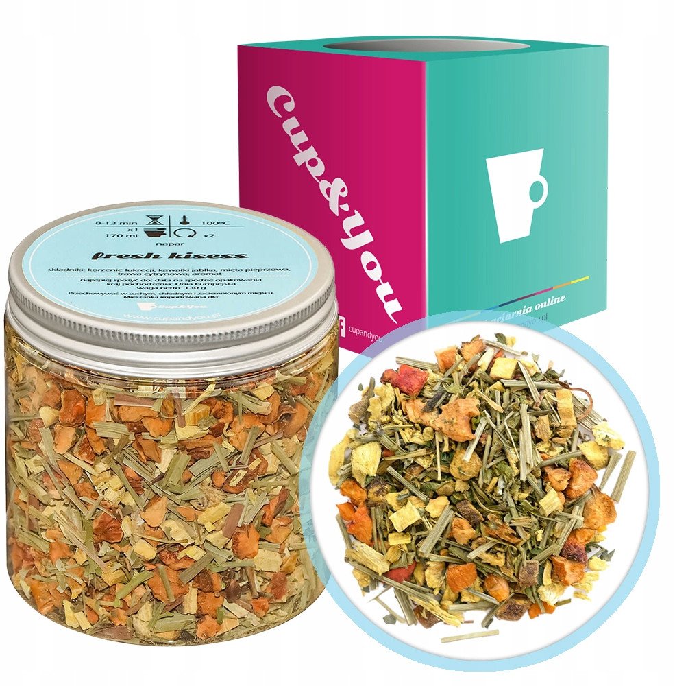 Herbata ziołowa cytrusowa FRESH KISSES jabłka mięta trawa cytrynowa 130g - herbata sypana liściasta napar ziołowy PREMIUM Cup&You