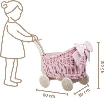 WickerPL Luna MALOWANY RÓŻOWY WIKLINOWY WÓZEK DLA LALEK Z POŚCIELĄ 60X30 H45 CM