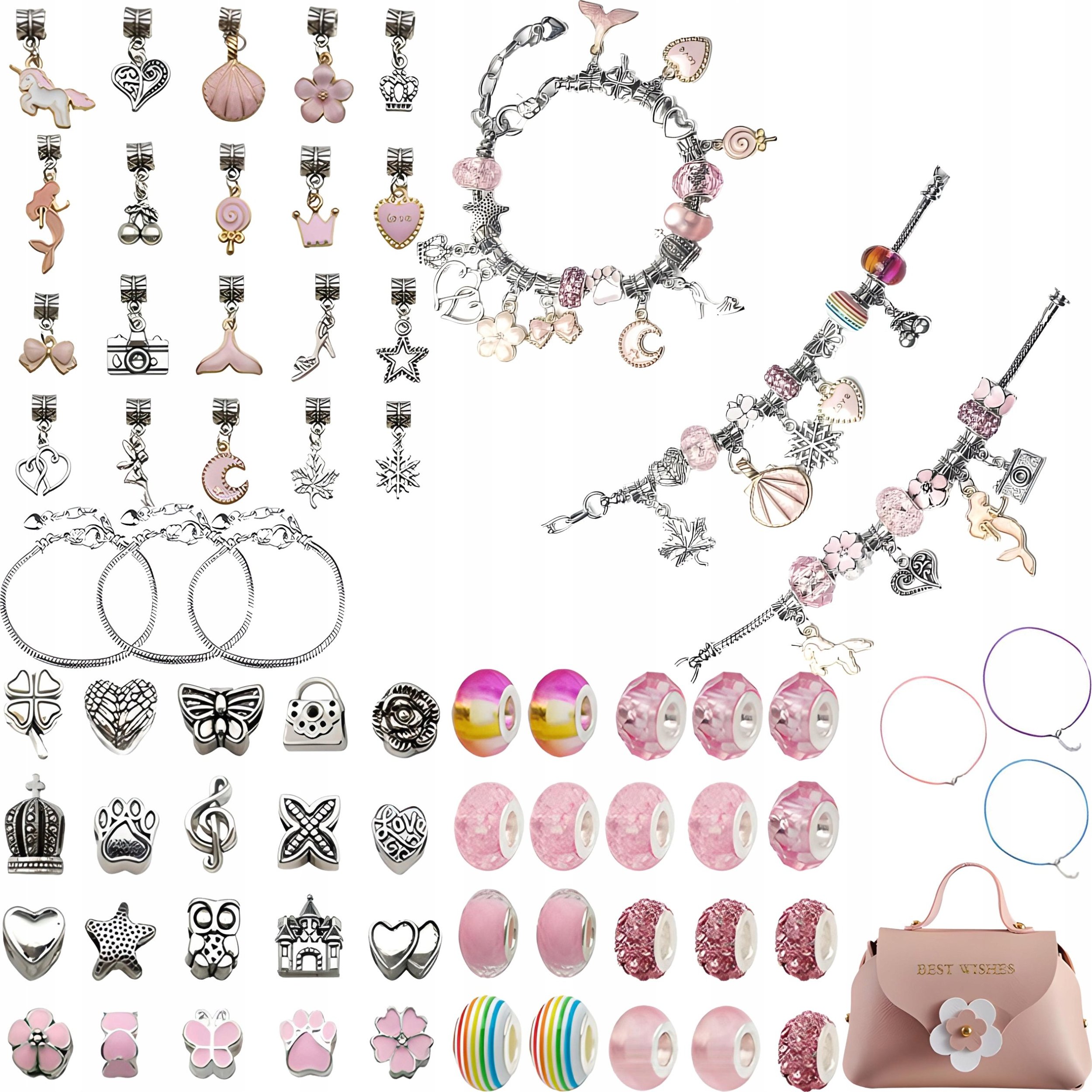 Zestaw Do Tworzenia Robienia Biżuterii, Bransoletek, Charmsy, Zawieszki, Koraliki 66el. ODCIENIE RÓŻU + Kosmetyczka