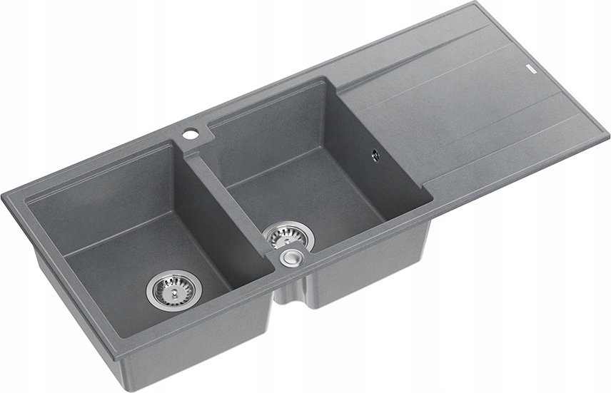 Zlewozmywak GraniteQ EVAN 121 GraniteQ zlewozmywak z syfonem Push To Open 2-komorowy z/o (1160x500x210; kom. 420x340) silver stone / elementy stalowe