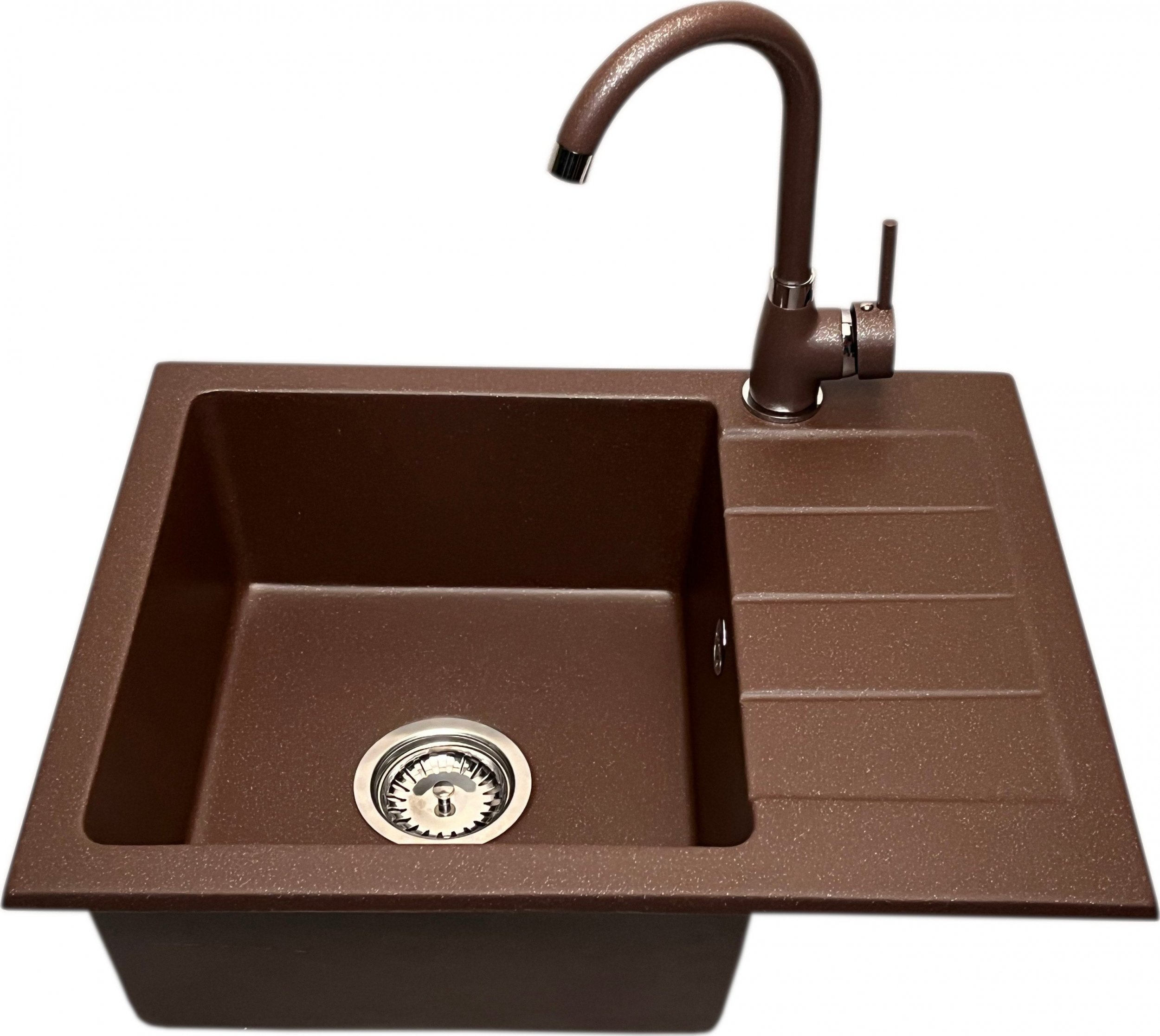 Zlewozmywak PREHNIT Zlewozmywak jednokomorowy z ociekaczem ADAL brąz metalik z prawym ociekaczem + bateria NOON