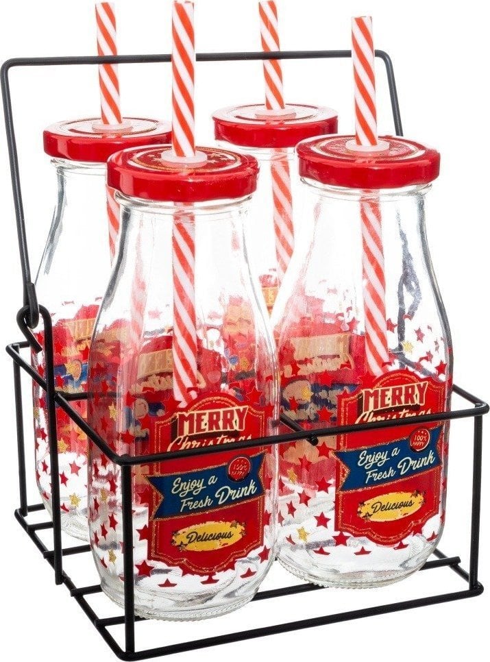 Fééric Lights and Christmas Komplet świąteczny MERRY X-MASS: 4x słoik, słomka, metalowy stojak, kolor czerwony