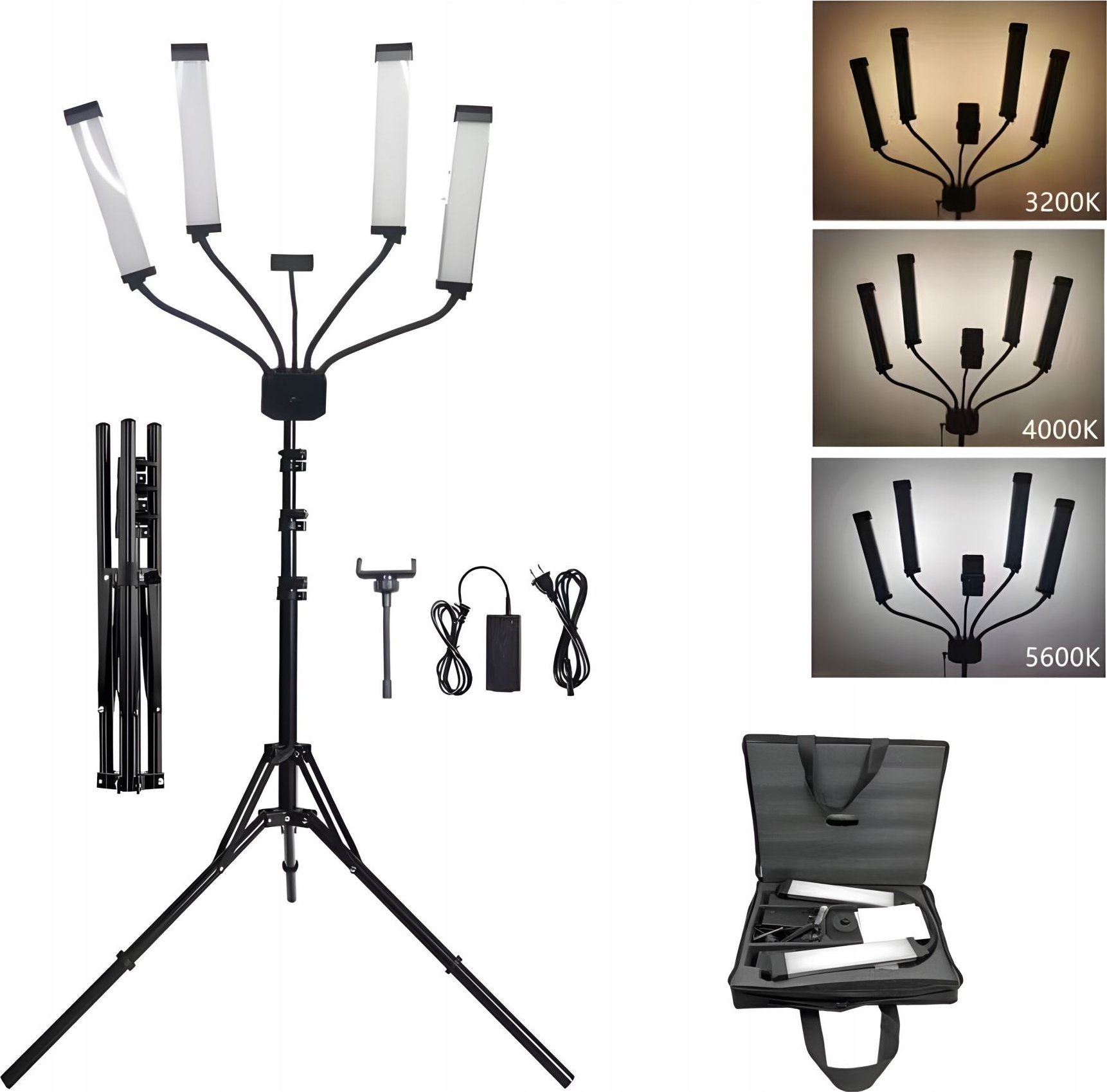 4 Poczwórna Giętka Elastyczna Lampa Led Kosmetyczna Foto Video 65w / M65 Czarny