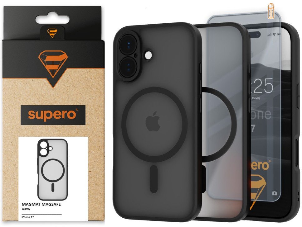 Etui matowe Supero Magmat MagSafe do iPhone 17, czarne + szkło
