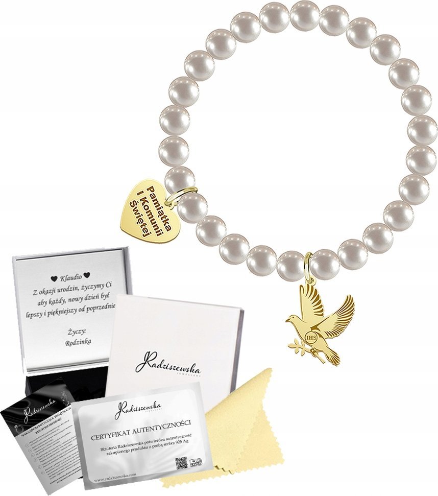 Radziszewska Jewellery Złota Bransoletka na Komunie z Grawerem GOŁĄB SERCE SREBRO 925 Perły