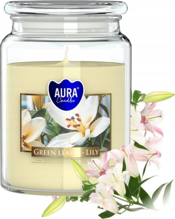 Świeca zapachowa w słoiku Zielone liście i lilia 14x9,8cm do 100h palenia