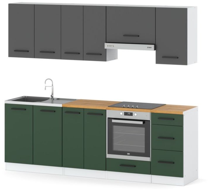 Meble Kuchenne Nowoczesne Modułowe Blat 2.4m Biała Szara Butelkowa Zieleń