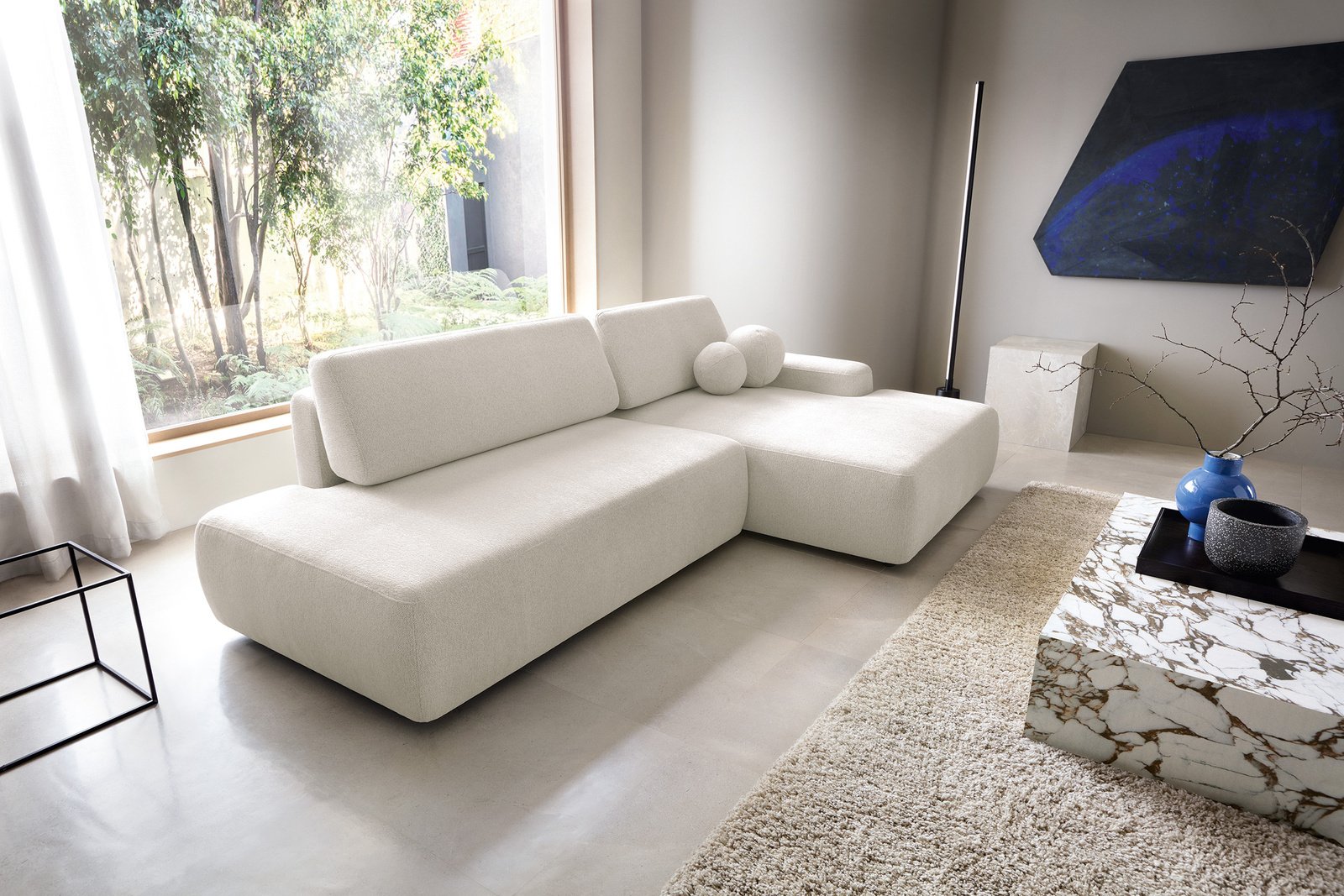 Narożnik OLMI O prawostronny Raven 24 beżowy piaskowy funkcja spania + poduszki