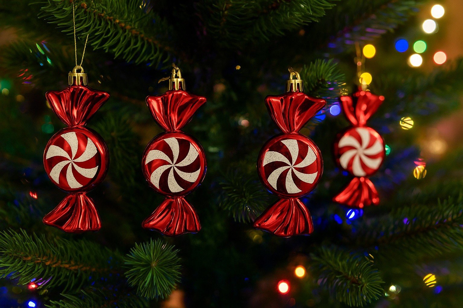 Komplet 4 bombek plastikowych Cukierek czerwono-biały 8532