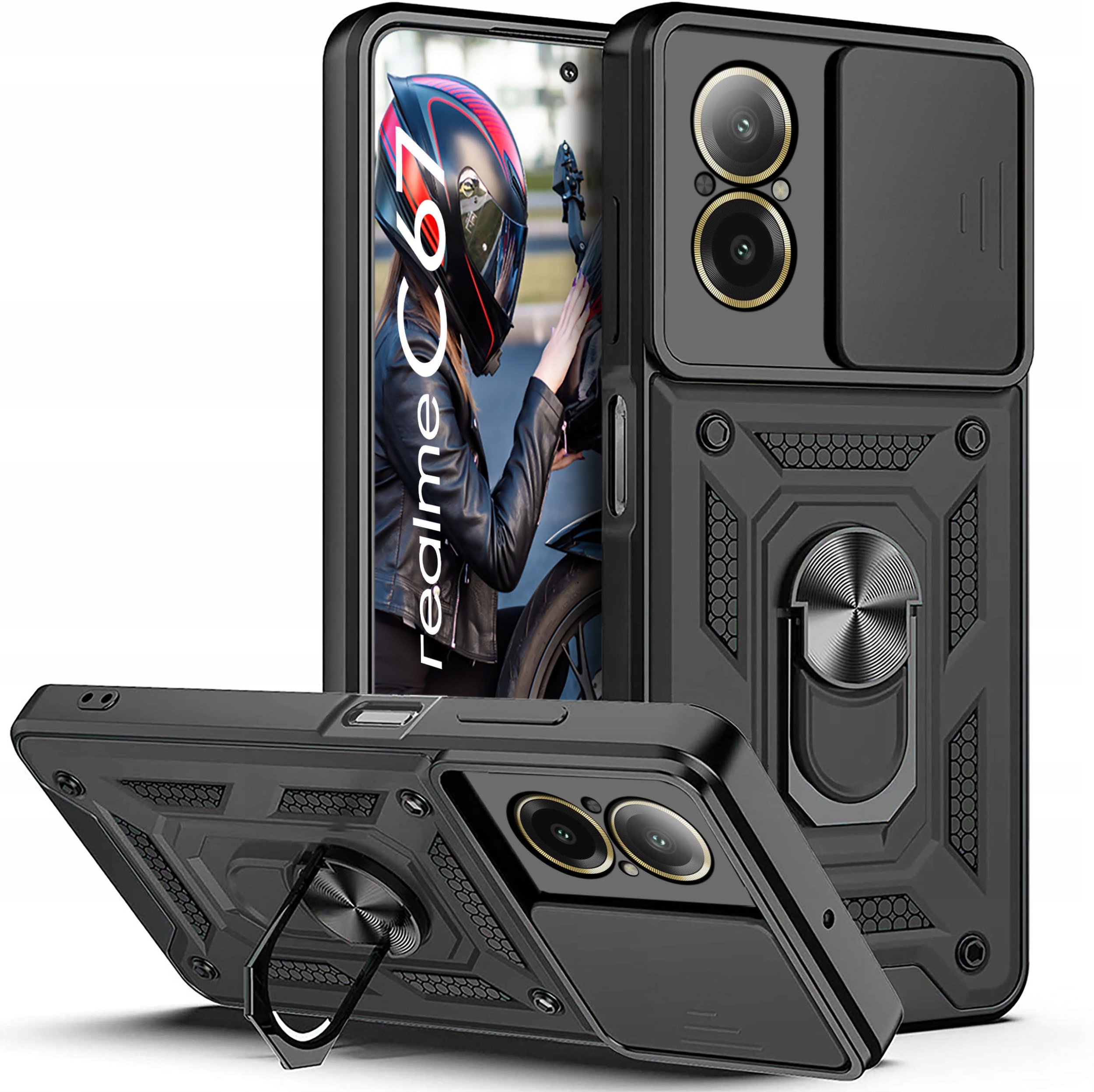 Etui do Realme C67 PANCERNE SLIDE RING PLECKI CASE + SZKŁO OCHRONNE 9H