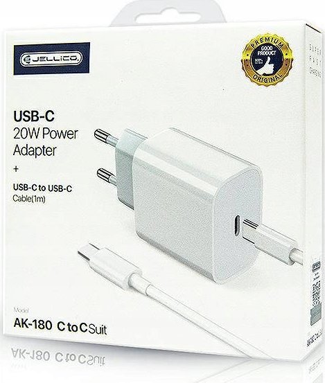 Ładowarka Jellico JELLICO ładowarka sieciowa AK180 PD 20W 1xUSB-C + kabel USB-C - USB-C Biały