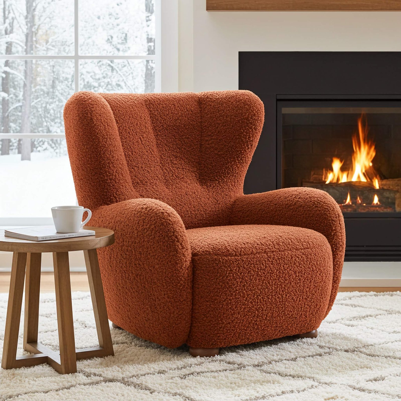 Fotel tapicerowany uszak FILO Rolf 10 Rudy Miedziany Boucl nóżki do wyboru