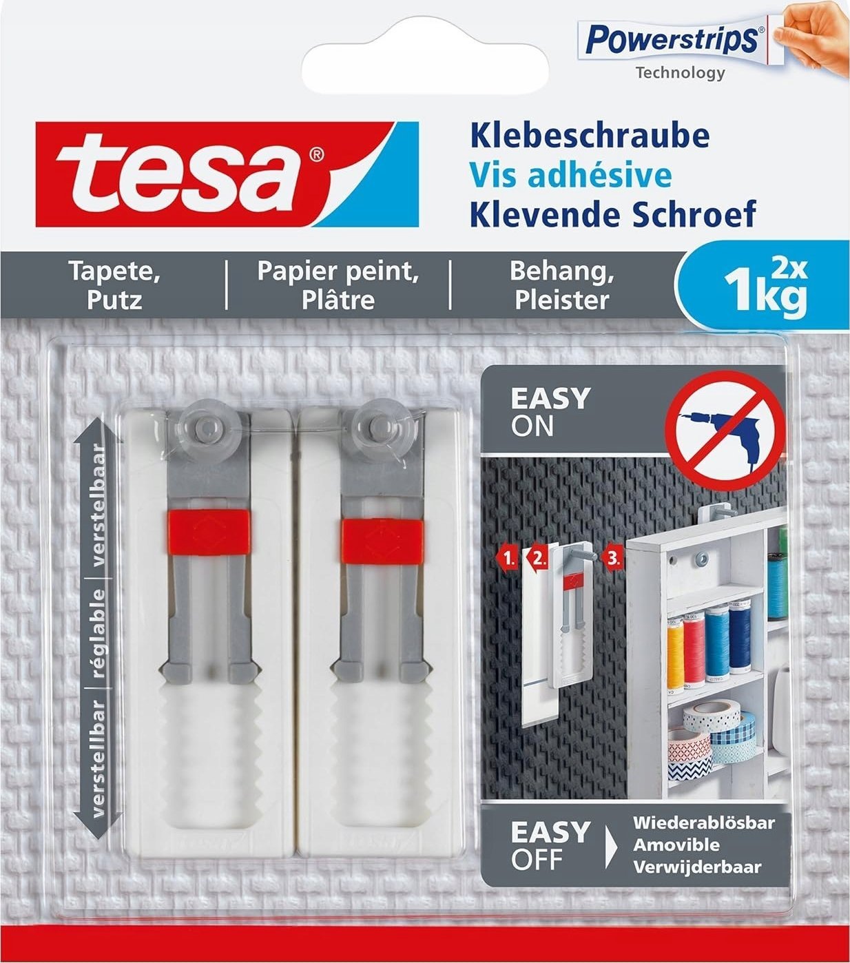Tesa tesa adhesive screw, 2pcs., for wallpaper and plaster, up to 1kg per screw, adjustable, white