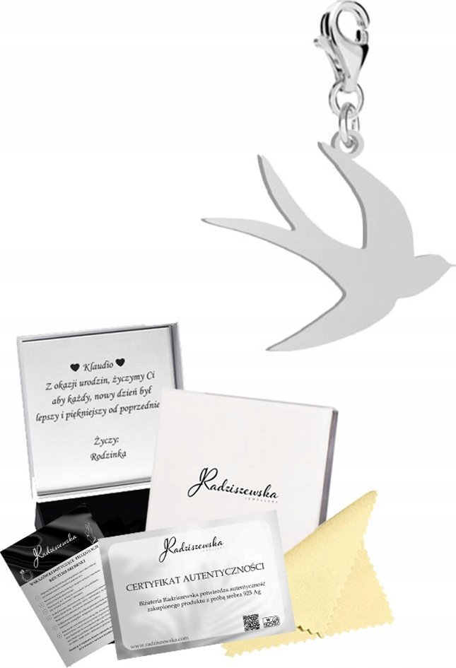 Radziszewska Jewellery Charms Srebrny JASKÓŁKA Karabińczyk Prezent SREBRO 925 DEDYKACJA GRATIS