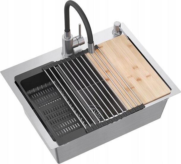 Zlewozmywak QUADRON LUKE 110 WORKSTATION zlewozmywak stalowy (58x45x20) z syfonem 1-komorowy b/o + Qmata + Wkładka + Dozownik + Deska + bateria z elas