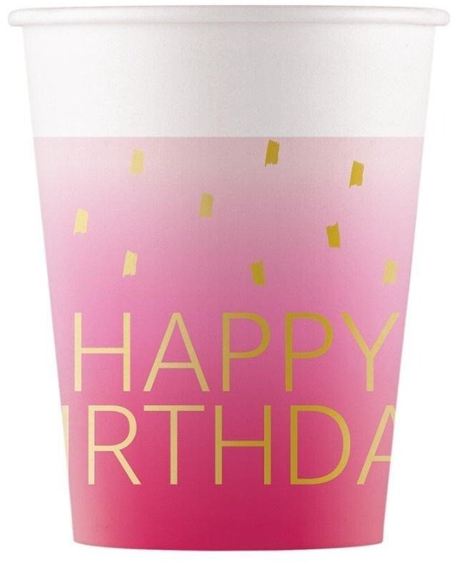 Kubeczki papierowe Pink Happy Birthday 200ml 8szt