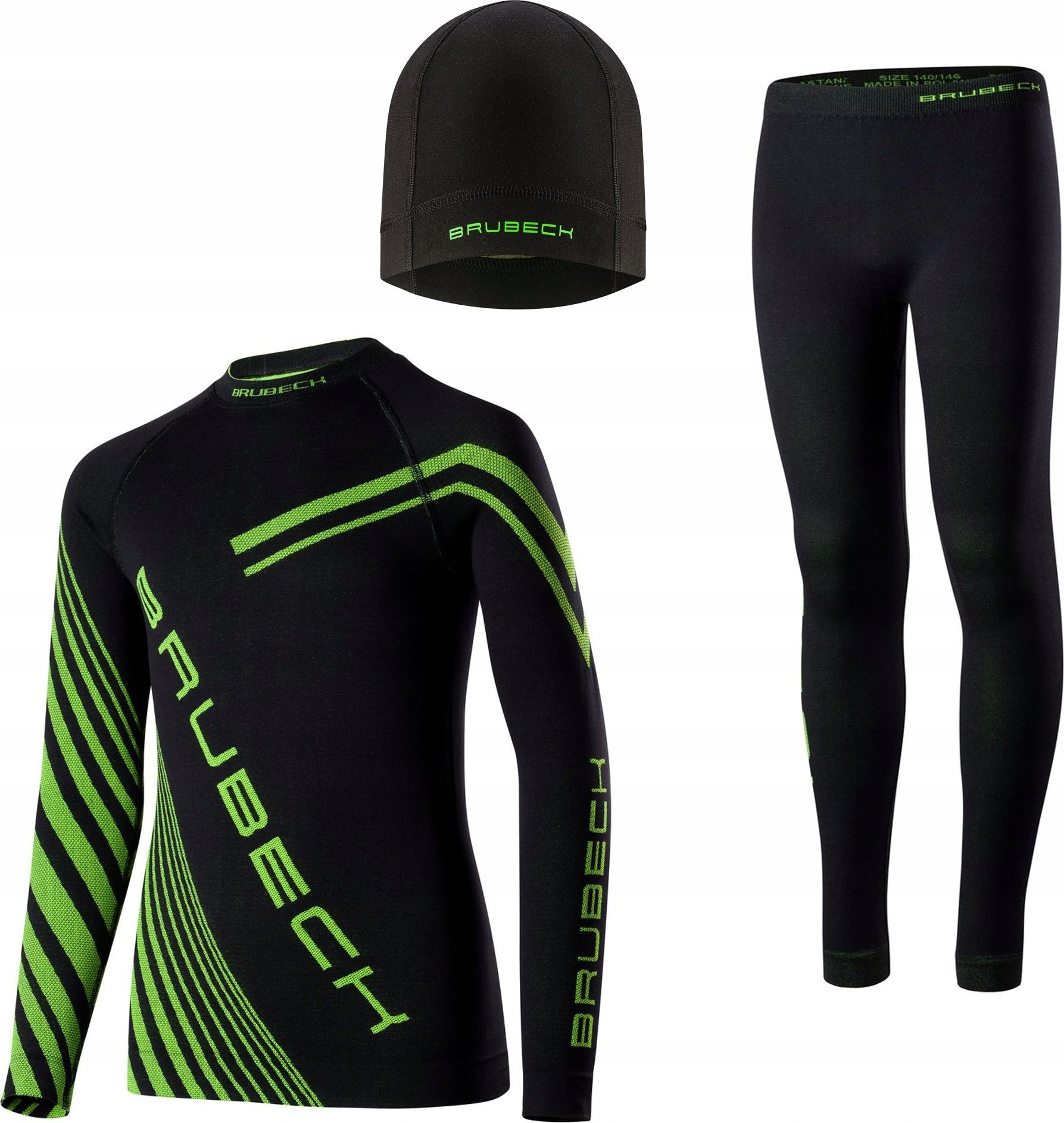 Brubeck KP1028J Komplet bielizny piłkarskiej z czapką DRY JUNIOR czarny/neonowy 140/146