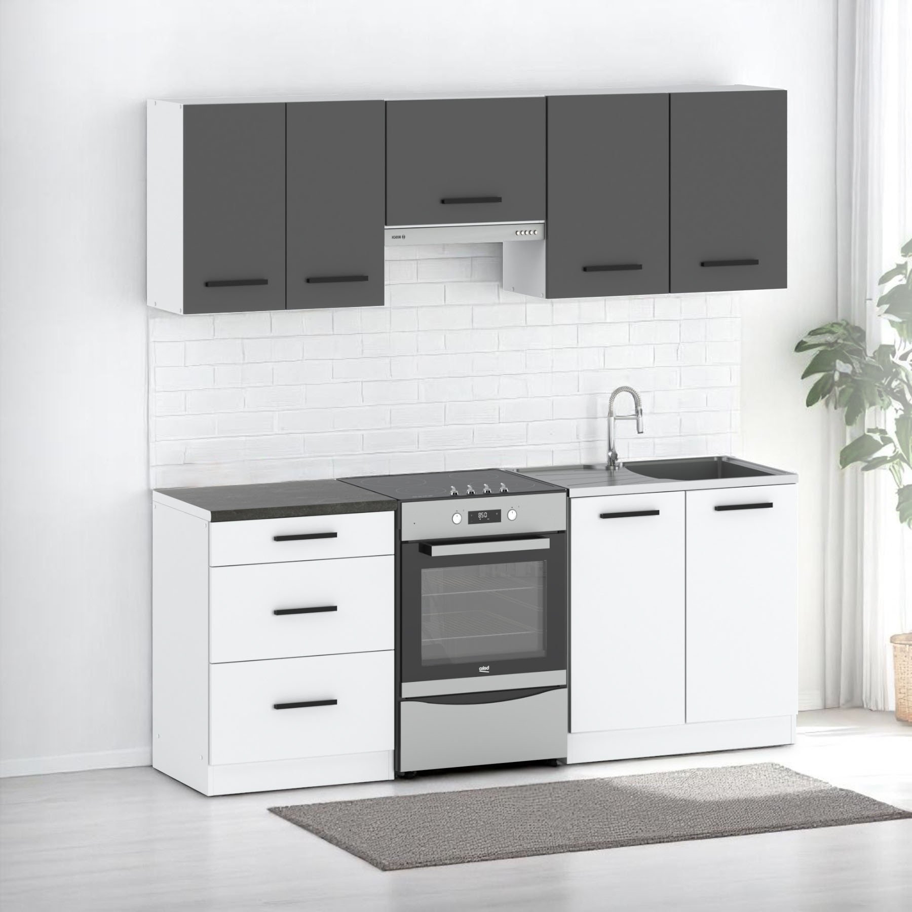 Kuchnia Nowoczesna Modułowa Mała Z Blatem 2m Biała Biały Mat Szary Mat