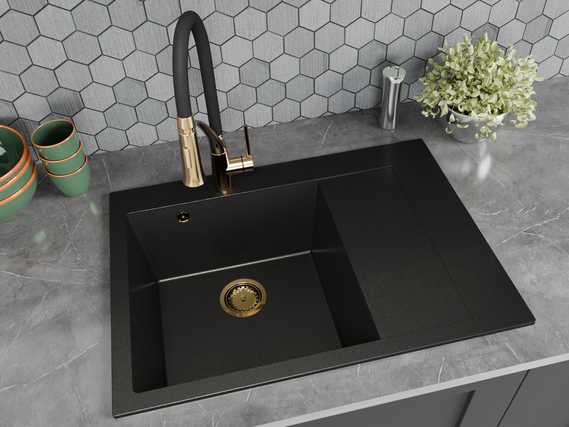 Zlewozmywak jednokomorowy z ociekaczem LOBSTER czarny złoty metalik + bateria NEXO złota