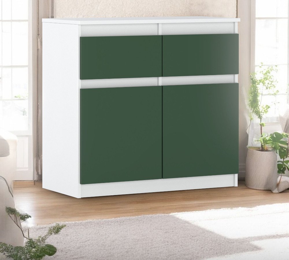 Komoda Wysoka 2 Szuflady Oleksa 80cm Pojemna Szafka Biała Butelkowa Zieleń