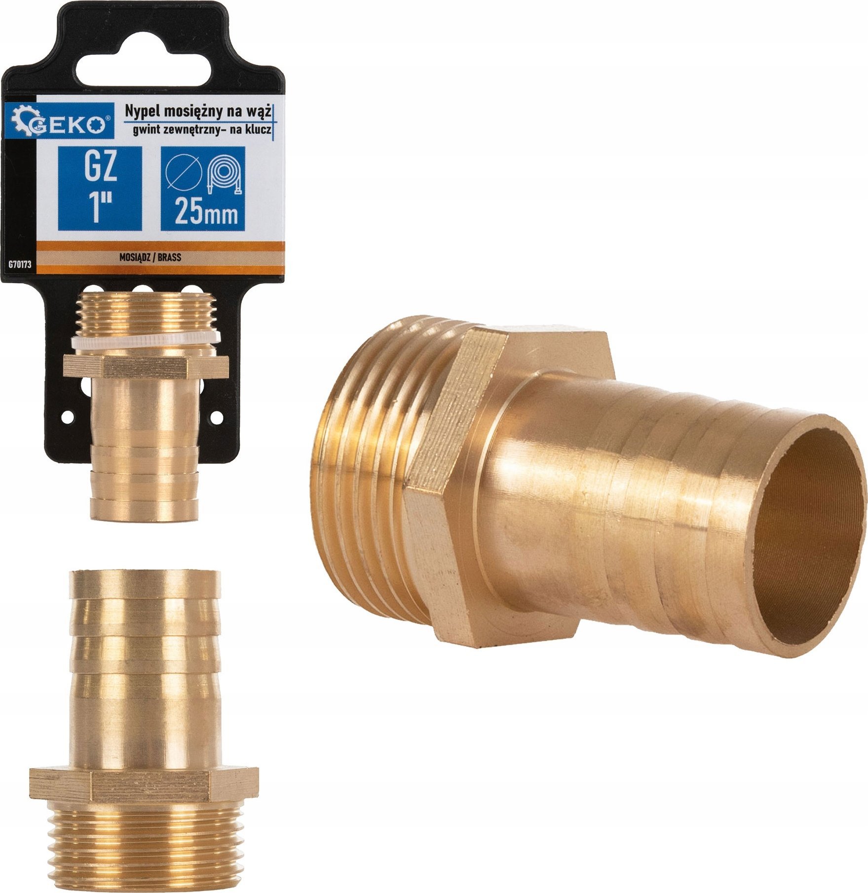 Geko Nypel mosięzny na wąż 25mm – gwint zewnętrzny 1" – na klucz (250)