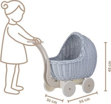 WickerPL Lili Zestaw Wózek i kolebka wiklinowa dla lalek w kolorze błękitnym 55X30 H45 / 46X28 H 20/25 cm