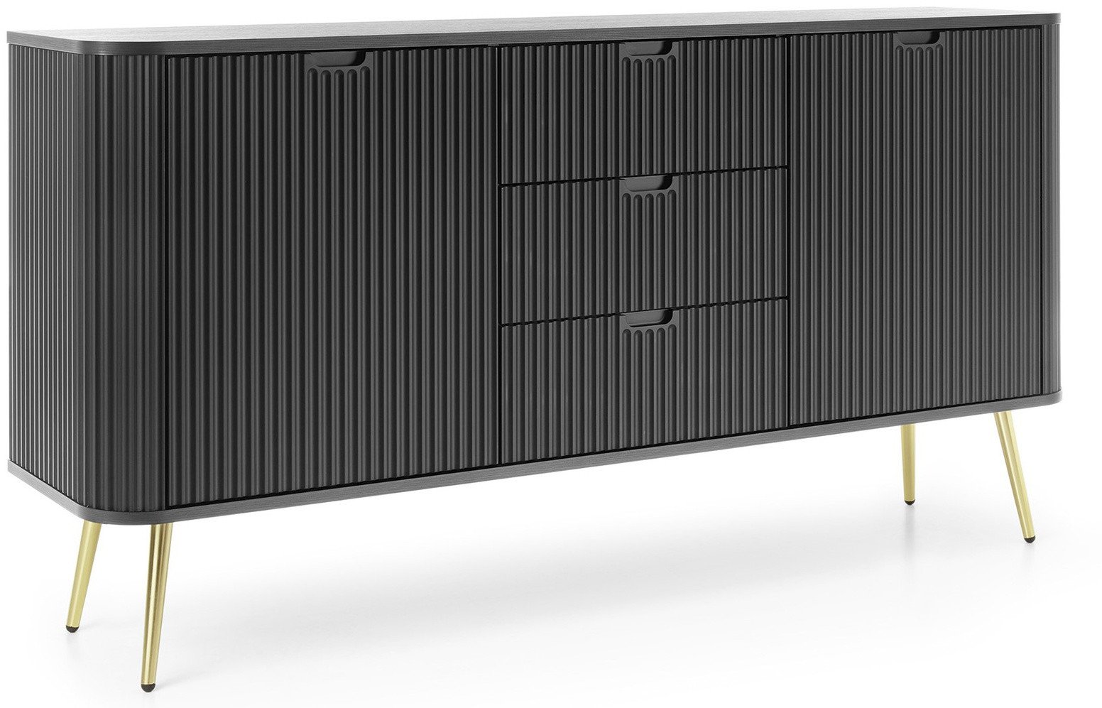 Komoda Porto 168cm Czarna Dwudrzwiowa z Trzema Szufladami i złotymi nogami