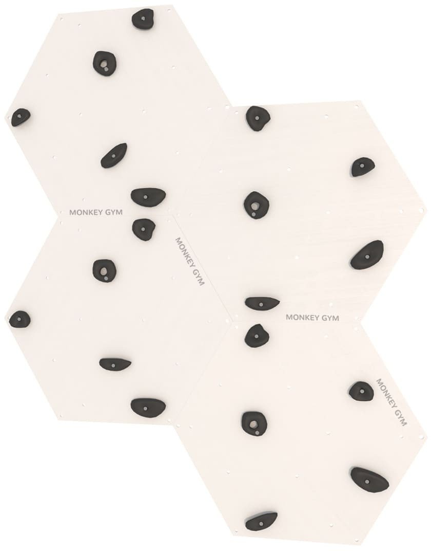 Ścianka wspinaczkowa sześciokątna 4x biała płyta + 20 czarnych uchwytów