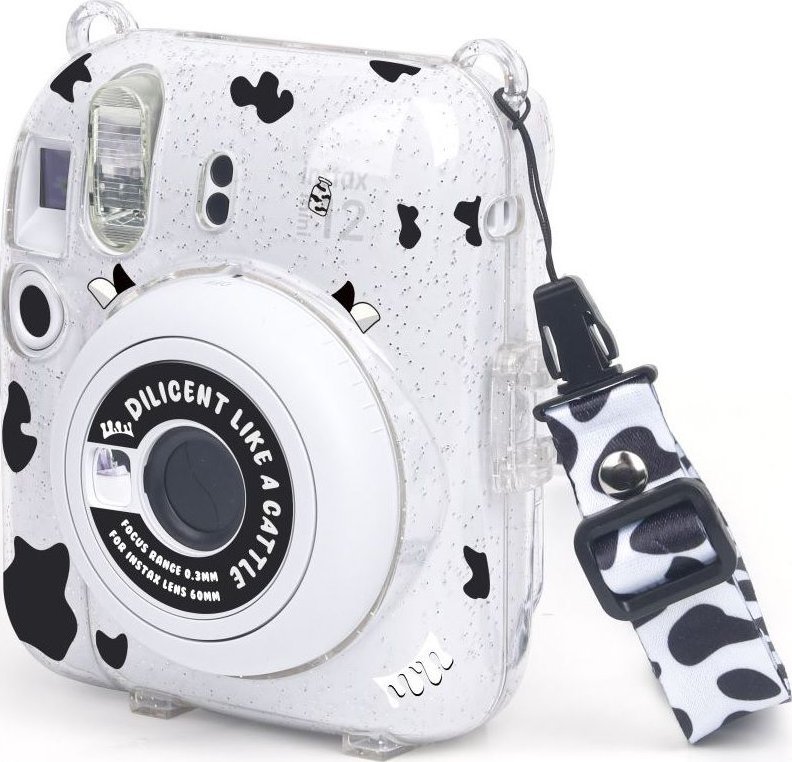 Pokrowiec LoveInstant Case do FujiFilm Fuji INSTAX Mini 12 + Naklejki i Kieszeń na Zdjęcia / Krówka / Brokat