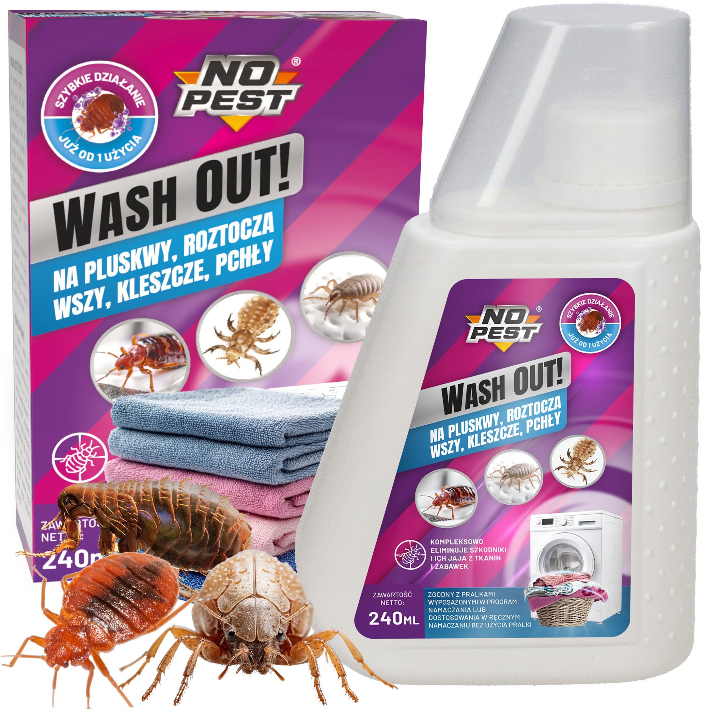 Środek Płyn Preparat do Prania na Pluskwy Roztocza Wszy Kleszcze Pchły i Ich Jaja oraz Larwy 240 ml "Wash Out!" do Pralki