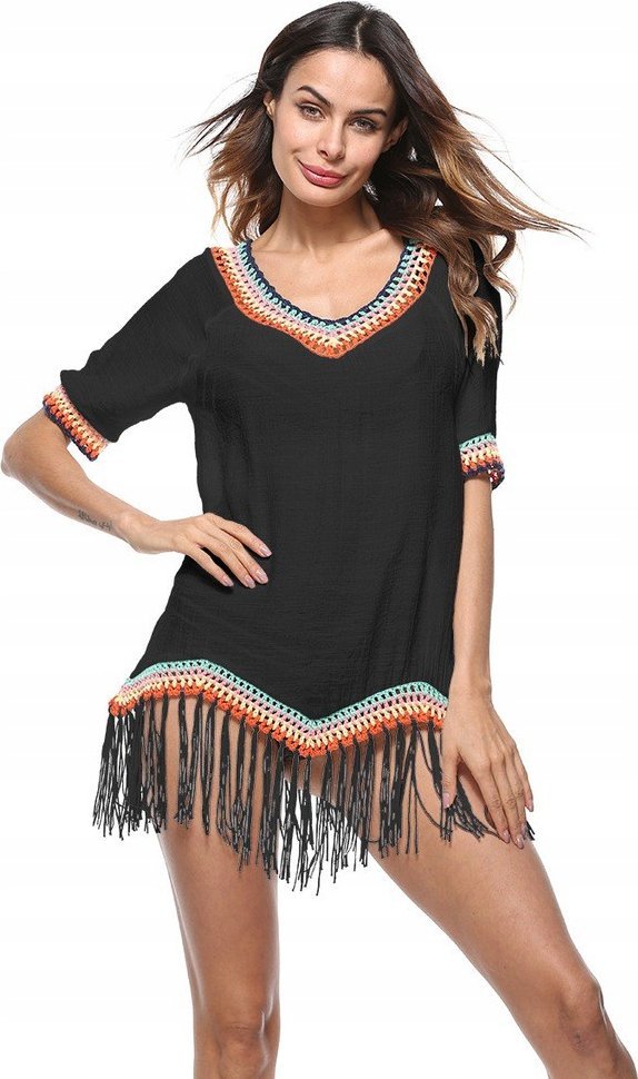 Pareo na strój tunika plażowa czarne boho frędzle