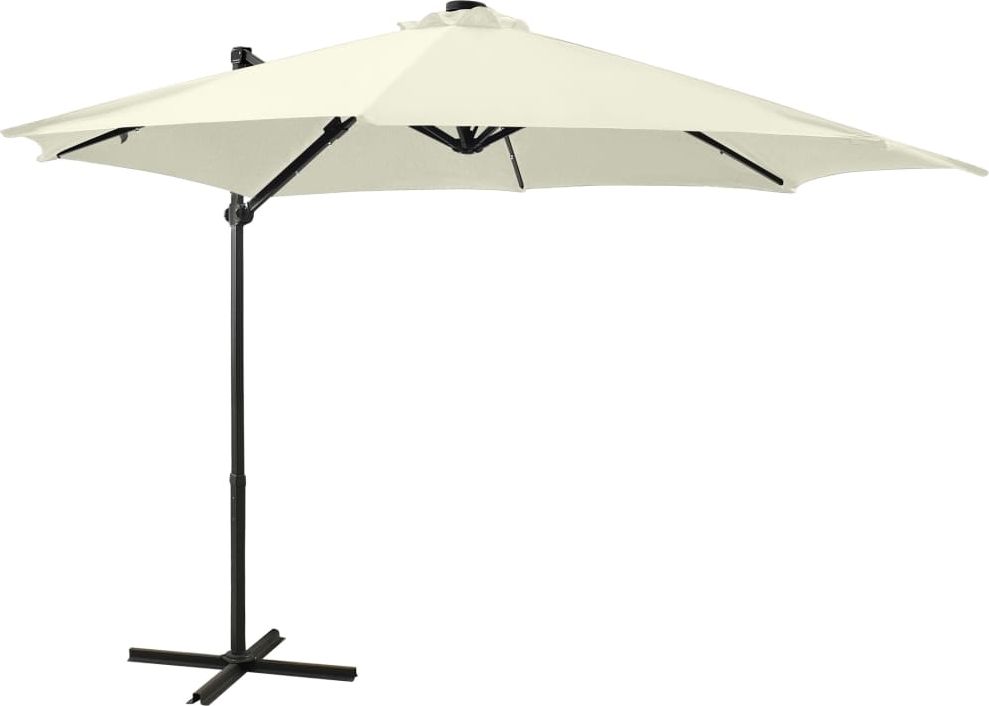 vidaXL Parasol wiszący z lampkami LED i słupkiem, piaskowy, 300 cm