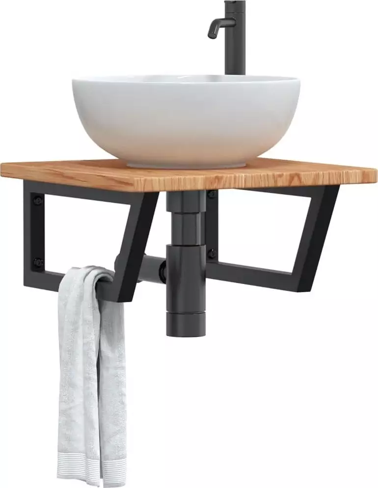vidaXL Półka ścienna pod umywalkę, stal i lite drewno dębowe