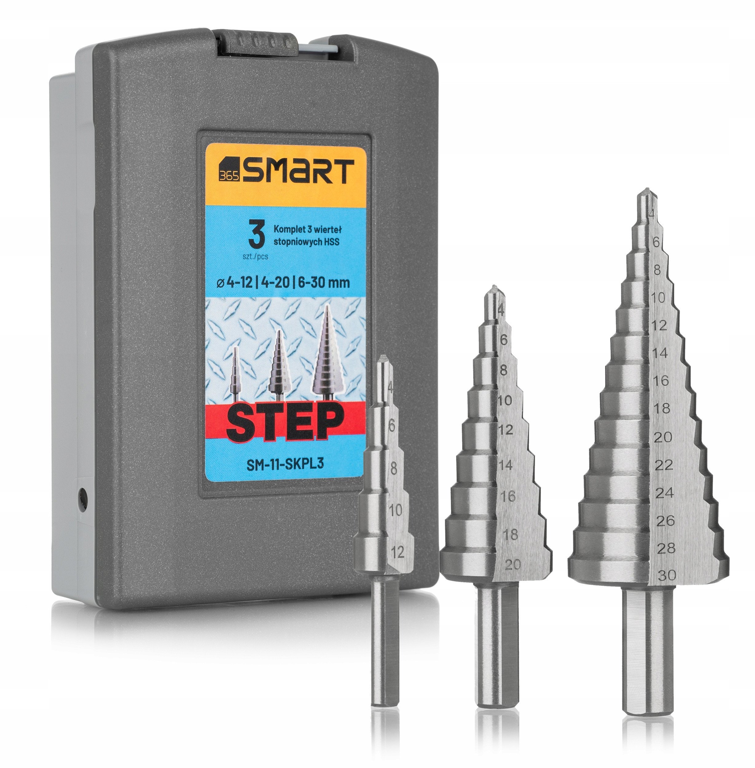kpl. 3 wierteł stopniowych hss 4-30mm 4-12, 4-20, 6-30 mm