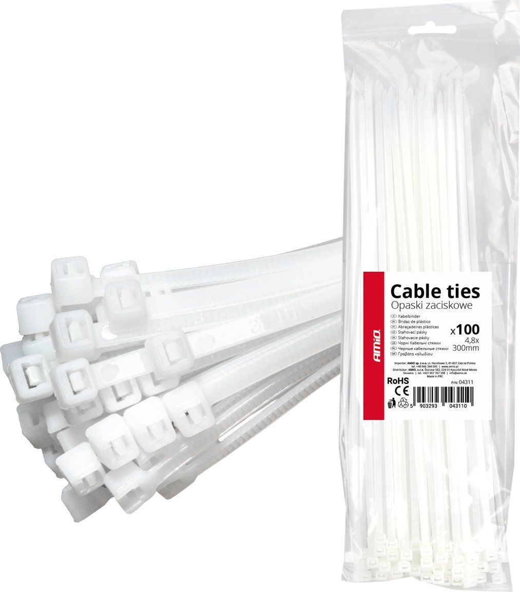 Opaski zaciskowe białe 4.8×300mm 100 szt. amio-04311