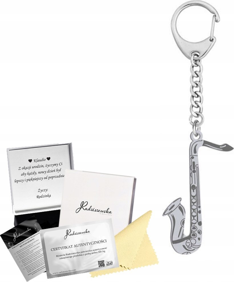 Radziszewska Jewellery BRELOK DO KLUCZY SAKSOFON SREBRO 925 PREZENT GADŻET ŻYCZENIA GRATIS